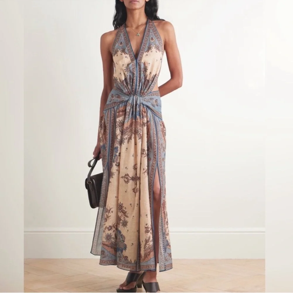 NWOT Zimmermann Beige and Blue Paisley Halter Tie-Waist Maxi Dress - Picture 4 of 12
